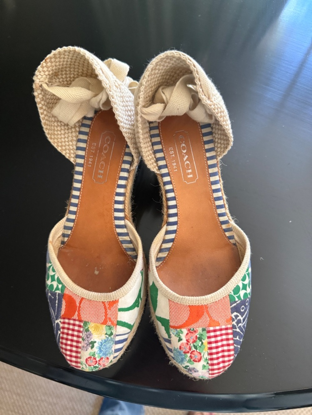 Coach Patchwork Canvas Espadrille Wedges in Red, Blue, Green, Orange, Cream